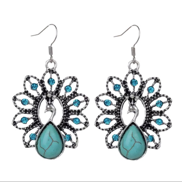Peacock Drop Earrings Boho Fake Turquoise - Picture 6 of 8
